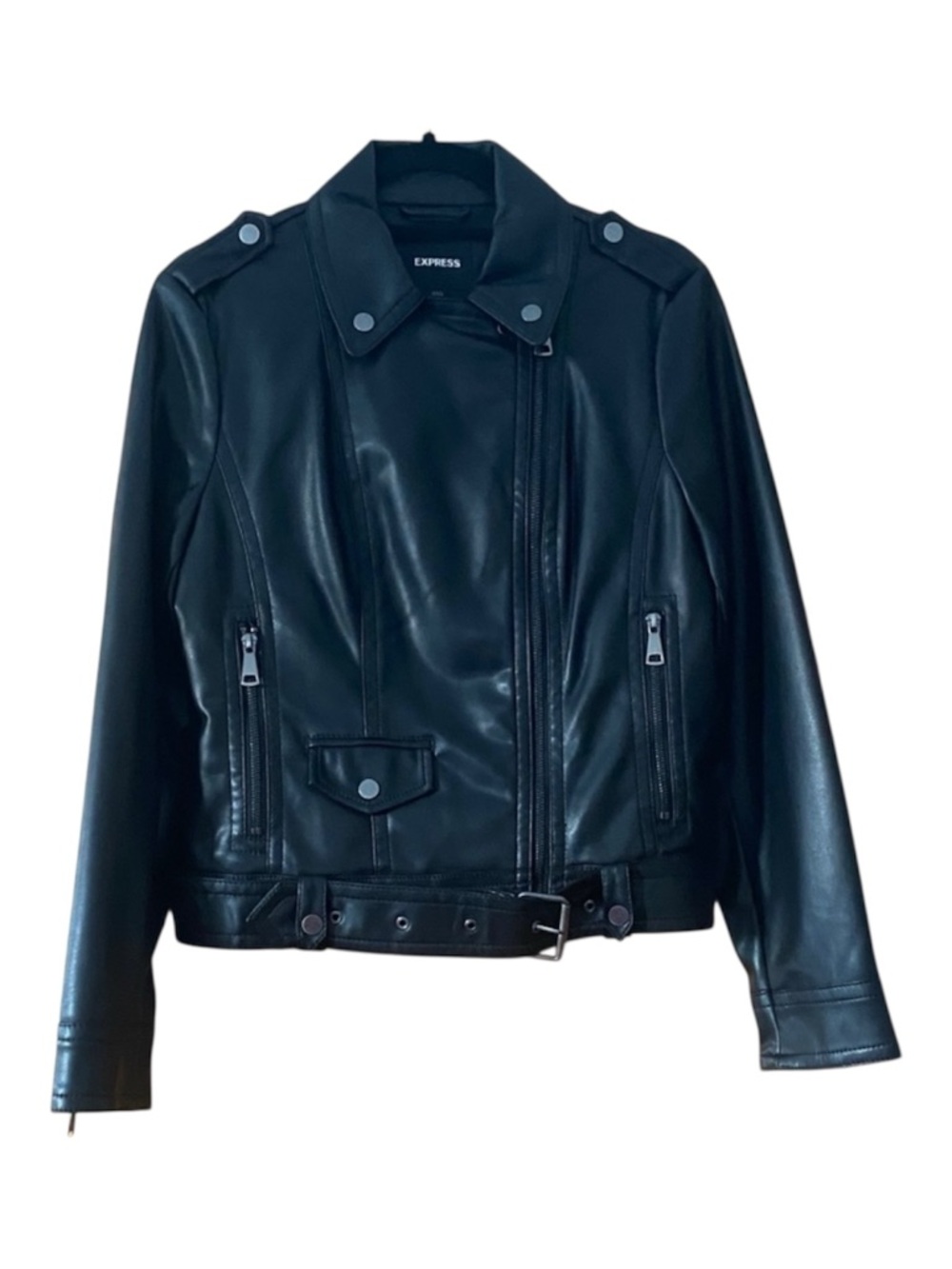 Express Faux Leather Moto Jacket Black Belted Biker Zip Vegan Leather M